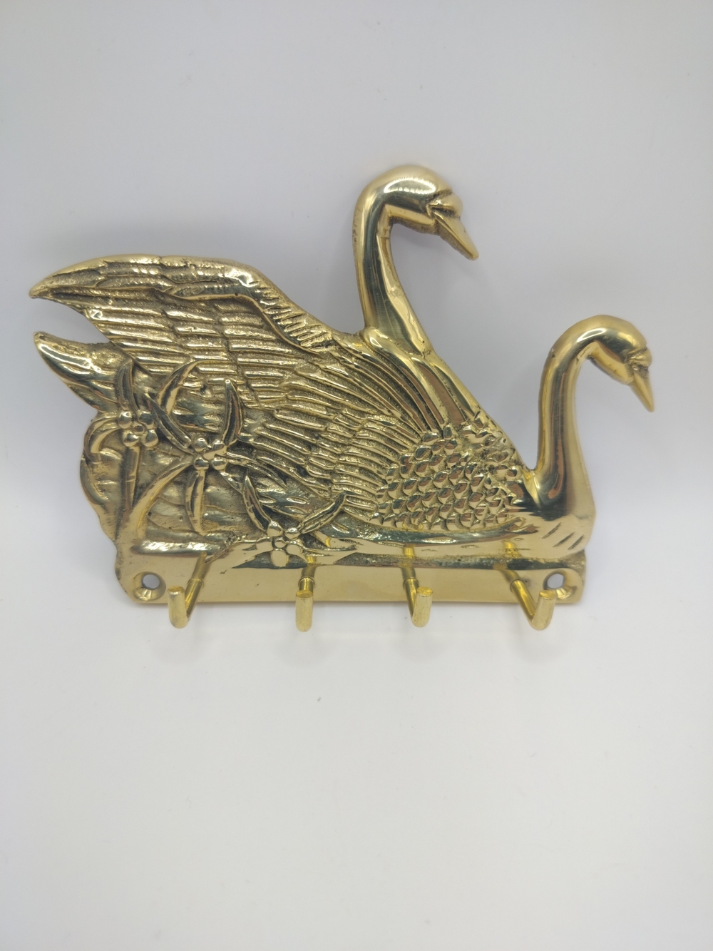 Vintage Solid Brass Swan Key Holder Wall Mount Made In Taiwan 4.5 Inches Long